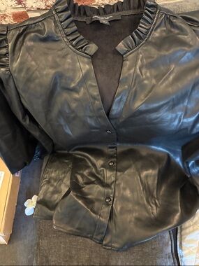 Marc New York Black Faux Leather Ruffled-Collar Button Jacket